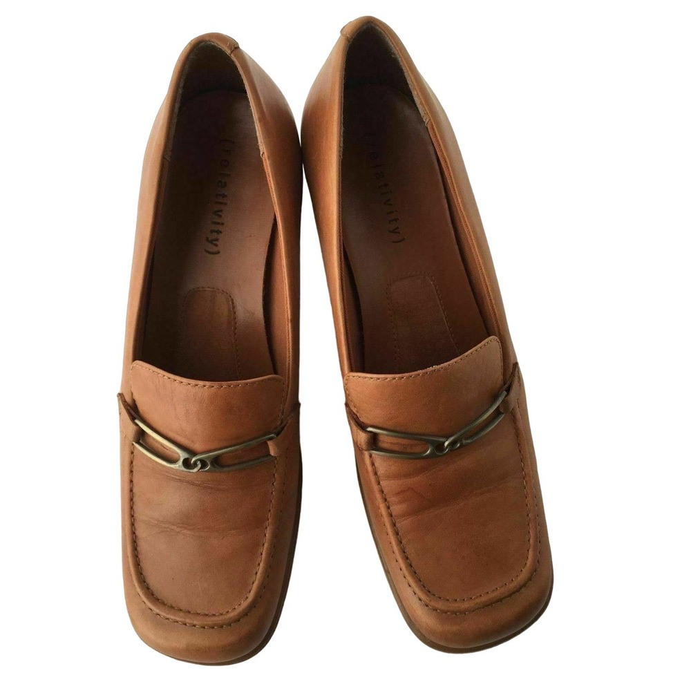 VTG Relativity Brown Leather Chunk Heels Pumps Loafers Sleep On Shoes Sz 8.5 M